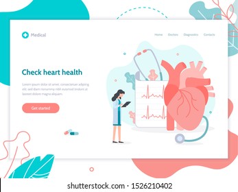 Check heart health. The doctor is doing an electrocardiogram. Web banner design template.
Flat vector illustration.