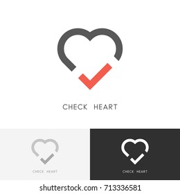 Check Heart Logo - Red Tick Mark And Love Symbol. Marriage Agency, Health And Medicine Vector Icon.