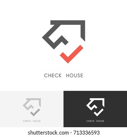 Compruebe el logotipo de la casa - marca roja y el símbolo de la casa o del edificio. Icono de Vector inmobiliario, inmobiliario e inmobiliario.