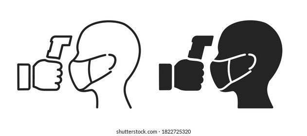 Check human body temperature icon. Showing body temperature check sign during Covid-19 outbreak. Detection virus transmission symbol. Use contactless infrared thermometer coronavirus outbreak line