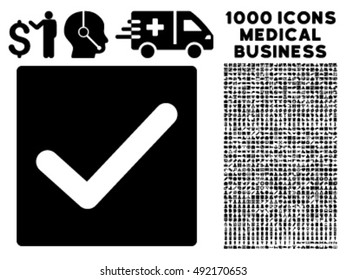 Check icon with 1000 medical business black vector pictograms. Set style is flat symbols, white background.