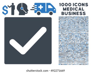 Check icon with 1000 medical business smooth blue vector pictographs. Design style is flat bicolor symbols, white background.