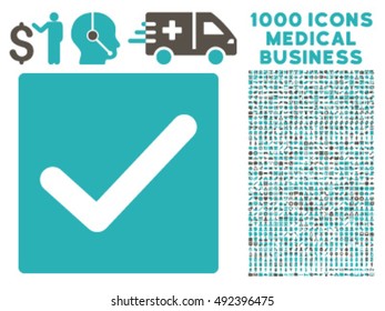 Check icon with 1000 medical business grey and cyan vector pictograms. Collection style is flat bicolor symbols, white background.