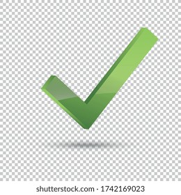 Check icon 3d, ok symbol in green color on the checked transparent background. Vector illustration. Eps 10 vector file.