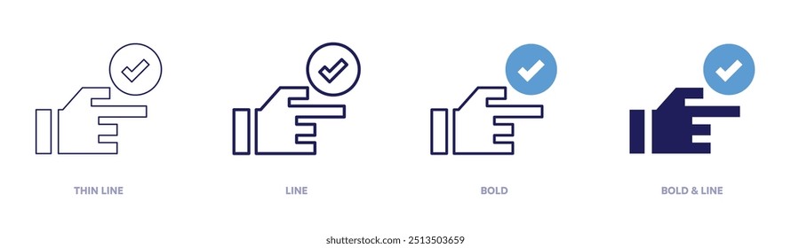 Icono de verificación en 4 estilos diferentes. Línea delgada, línea, negrita y línea negrita. Estilo duotono. Trazo editable.