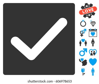 Check icon with bonus amour design elements. Vector illustration style is flat iconic blue and gray symbols on white background.