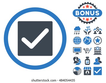 Check icon with bonus images. Vector illustration style is flat iconic bicolor symbols, smooth blue colors, white background.