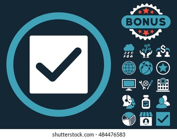 Check icon with bonus images. Vector illustration style is flat iconic bicolor symbols, blue and white colors, dark blue background.