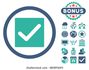 Check icon with bonus images. Vector illustration style is flat iconic bicolor symbols, cobalt and cyan colors, white background.