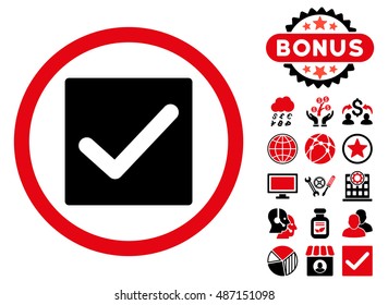 Check icon with bonus images. Vector illustration style is flat iconic bicolor symbols, intensive red and black colors, white background.