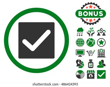Check icon with bonus symbols. Vector illustration style is flat iconic bicolor symbols, green and gray colors, white background.
