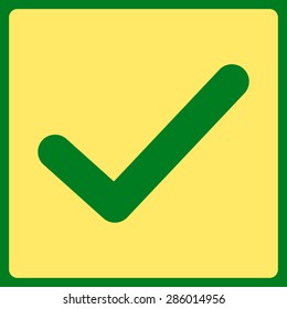 Check icon from Business Bicolor Set. This flat vector symbol uses yellow color, rounded angles, and isolated on a green background.