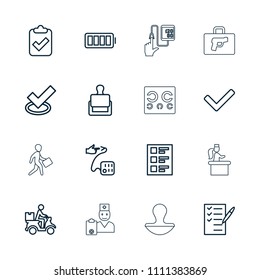 Check icon. collection of 16 check outline icons such as stamp, tick, clipboard with tick, courier on motorcycle, blood pressure. editable check icons for web and mobile.