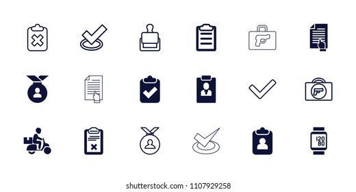 Check icon. collection of 18 check filled and outline icons such as clipboard, briefcase with weapon, stamp, medal, tick. editable check icons for web and mobile.