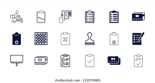 Check icon. collection of 18 check filled and outline icons such as credit card, stamp, board, chess board, medical clipboard. editable check icons for web and mobile.