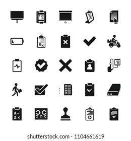 Check icon. collection of 25 check filled icons such as clipboard, stamp, board, tick, medical clipboard, blood pressure measure. editable check icons for web and mobile.