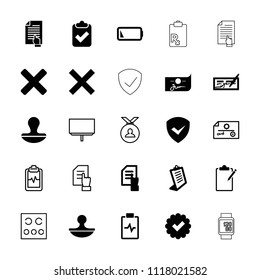 Check icon. collection of 25 check filled and outline icons such as pointing on document, clipboard, cancel, stamp, low battery. editable check icons for web and mobile.