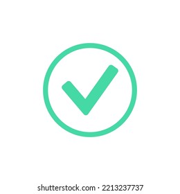 Check icon concept. Approve mark pictogram. Correct sign, green yes symbol. Success test or vote. Confirm button round shape web element of interface flat vector illustration on white background.