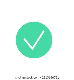 Check icon concept. Approve mark pictogram. Correct sign, green yes symbol. Success test or vote. Confirm button round shape web element of interface flat vector illustration on white background.