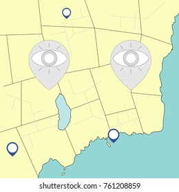 Check in icon with eye inside on map background. Vector illustration of the way we use search engine technolgy. Looking for a place concept. Old atlas style.
