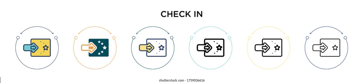 Check-in Icon in vollem, dünnen Linie, Umriss und Strich Stil. Vektorgrafik von zwei farbigen und schwarzen Scheck-in-Vektorsymbol-Designs kann für mobile, i, web-basierte
