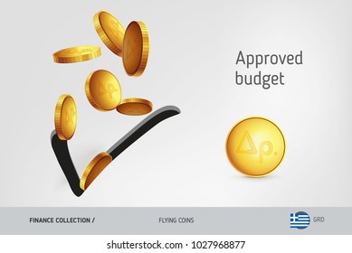 Check icon with flying Greek Drachma coins, finance concept. Vector illustration for print, websites, web design, mobile app, infographics.