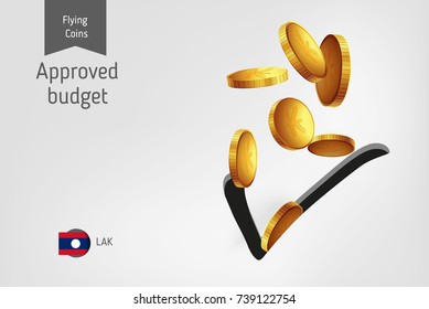 Check icon with flying Laos Kip coins, finance concept. Vector illustration for print, websites, web design, mobile app, infographics.