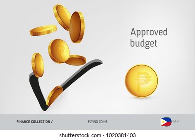 Check icon with flying Philippine Peso coins, finance concept. Vector illustration for print, websites, web design, mobile app, infographics.