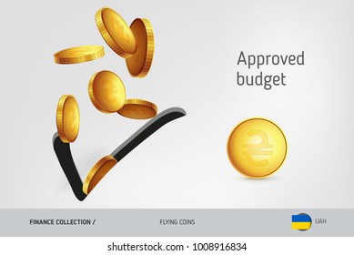 Check icon with flying Ukrainian Hryvnia coins, finance concept. Vector illustration for print, websites, web design, mobile app, infographics.