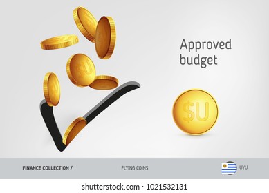 Check icon with flying Uruguayan Peso coins, finance concept. Vector illustration for print, websites, web design, mobile app, infographics.