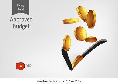 Check icon with flying Vietnamese Dong coins, finance concept. Vector illustration for print, websites, web design, mobile app, infographics.