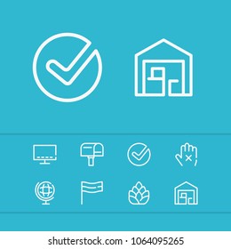 Check icon with globe, smart tv and flag symbols. Set of approved, forbidden, smart tv icons and world concept. Editable vector elements for logo app UI design.