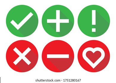 check icon mark sign set vector illustration. stock correct checklist box. tick heart x ok true cancel list.  green and red on white background isolated. line graphic symbol done verify ok plus. 