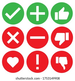 marca de icono de verificación conjunto de indicadores de ilustración vectorial. casilla de verificación stock-correcto. tick heart x ok verdadera lista de cancelaciones.  verde y rojo sobre fondo blanco aislado. símbolo gráfico de línea hecho verifica ok plus. 