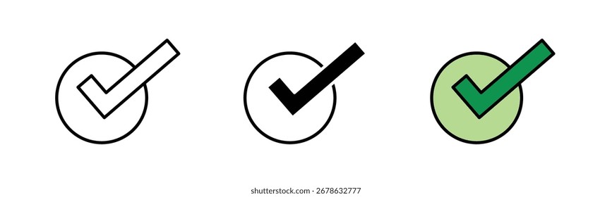 Check icon in outline, solid, and color filled styles with black stroke. Tick mark design in flat style, isolated on white background