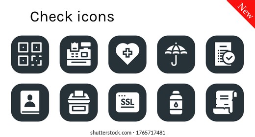 check icon set. 10 filled check icons. Included QR, Cash register, Red cross, Protection, Tasks, Agenda, Vote, Ssl, Contact lens, Spell icons