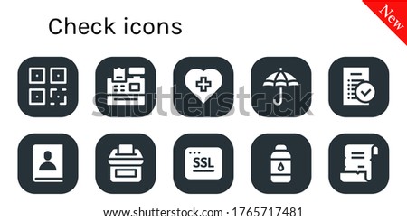 check icon set. 10 filled check icons. Included QR, Cash register, Red cross, Protection, Tasks, Agenda, Vote, Ssl, Contact lens, Spell icons