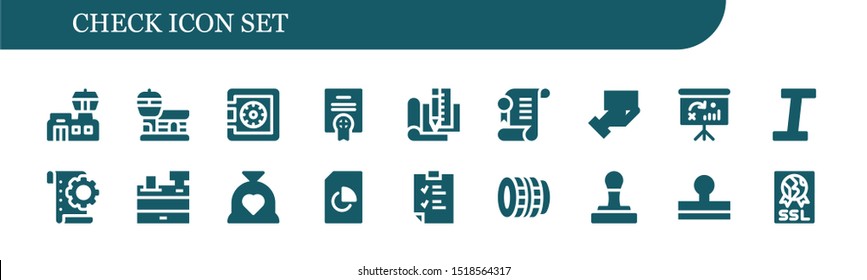 check icon set. 18 filled check icons.  Collection Of - Airport, Safe, Agreement, Plan, Payment method, Dashboard, Italic, Planning, Cash register, Budget, Document, Clipboard icons