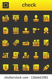 check icon set. 26 filled check icons.  Simple modern icons about  - Plan, Stamp, Dashboard, Contact lens, Agenda, Exam, Task, Wheel pressure, Quality, Clipboard, Check, Cash register