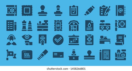 check icon set. 32 filled check icons. on blue background style Collection Of - Plan, Shopping list, Reporter, Red cross, Stamp, Chess, Lens, Ssl, Cash register, Agreement, Metal detector