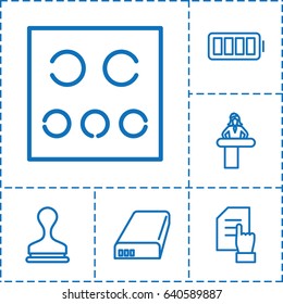 Check icon. set of 6 check outline icons such as airport desk, pointing on document, stamp, eye test, battery