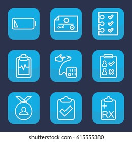 Check icon. set of 9 outline check icons such as medal, heartbeat clipboard, clipboard, blood pressure, checklist, low battery