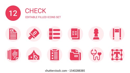 check icon set. Collection of 12 filled check icons included File, Board, List, Check list, Pawn, Red cross, Report, Medical insurance, Metal detector, Text editor