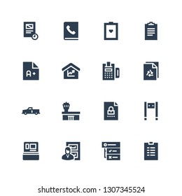 check icon set. Collection of 16 filled check icons included List, Tasks, Files, Cash machine, Metal detector, File, Airport, x, Payment, Amount, Exam, Clipboard, Test, Agenda
