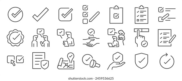 Check icon set. It includes verify, approve, checkmark, endorse, and more icons. Editable Vector Stroke.
