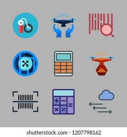 check icon set. vector set about air pump, drone, calculator and barcode icons set.