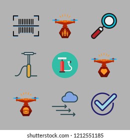check icon set. vector set about pressure, barcode, loupe and air pump icons set.