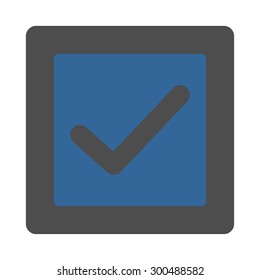 Check icon. This flat rounded square button uses cobalt and gray colors and isolated on a white background.