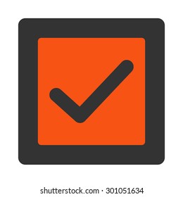 Check icon. This flat rounded square button uses orange and gray colors and isolated on a white background.