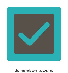 Check icon. This flat rounded square button uses grey and cyan colors and isolated on a white background.